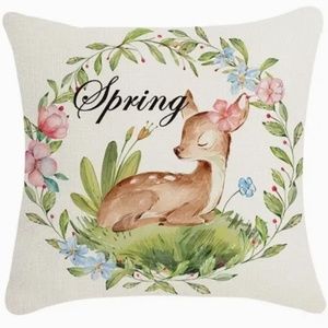 NEW SPRING/EASTER SPRING FAWN FLORAL WREATH LINEN PILLOW COVER HOME DECOR 17.7"